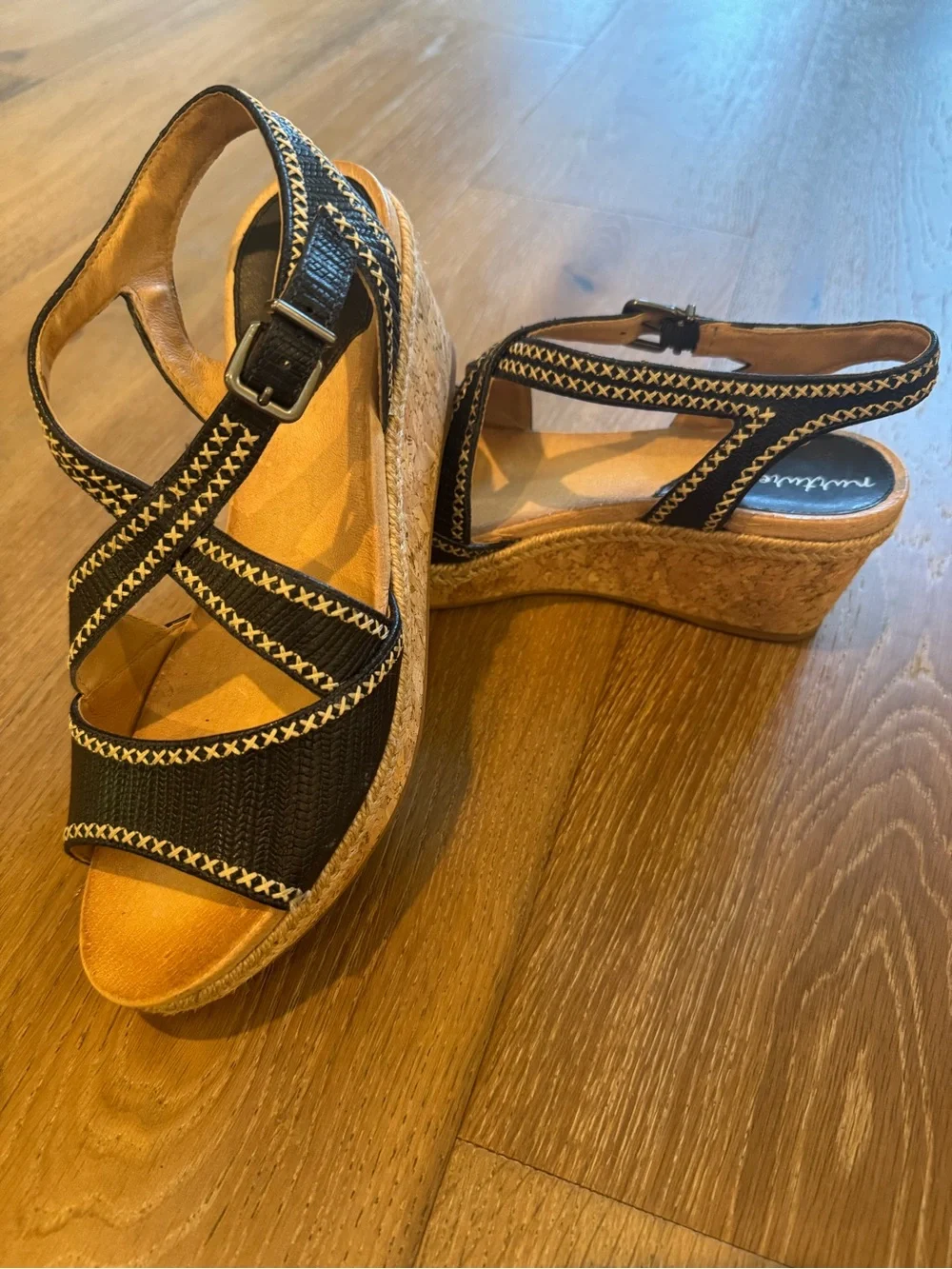 Nurture Lilithe Black Leather Cross-Stitch Wedge Sandals - Size 9